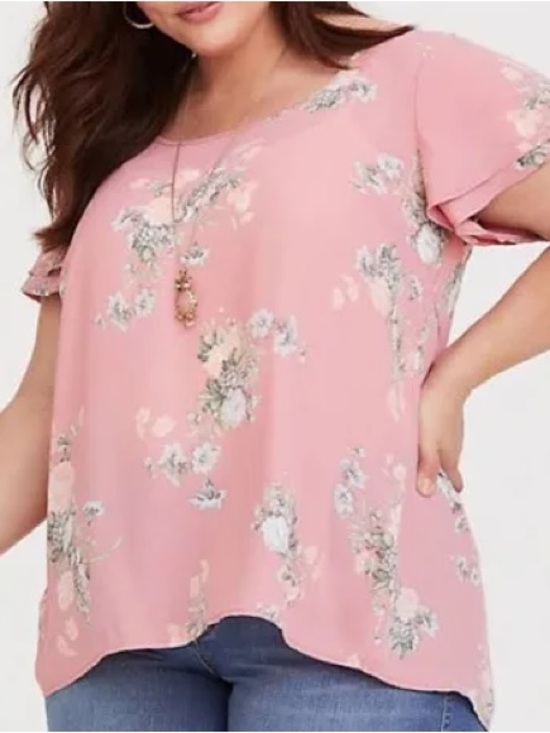 torrid Tops - torrid Georgette Pink Floral Short Sleeve Blouse Tiered Short Sleeves